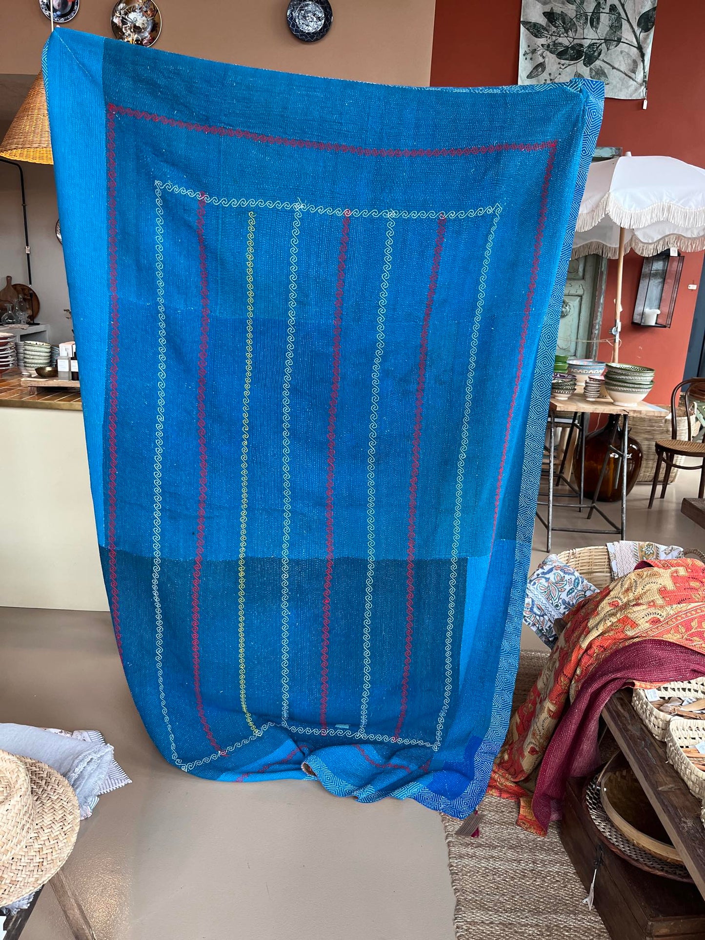 Vintage Tæppe - Bomuld, Grøn/Blå